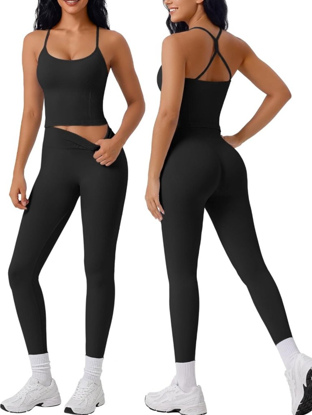 High Waist Leggings & Padded Halter Tank Top Set | Seamless Women's Workout